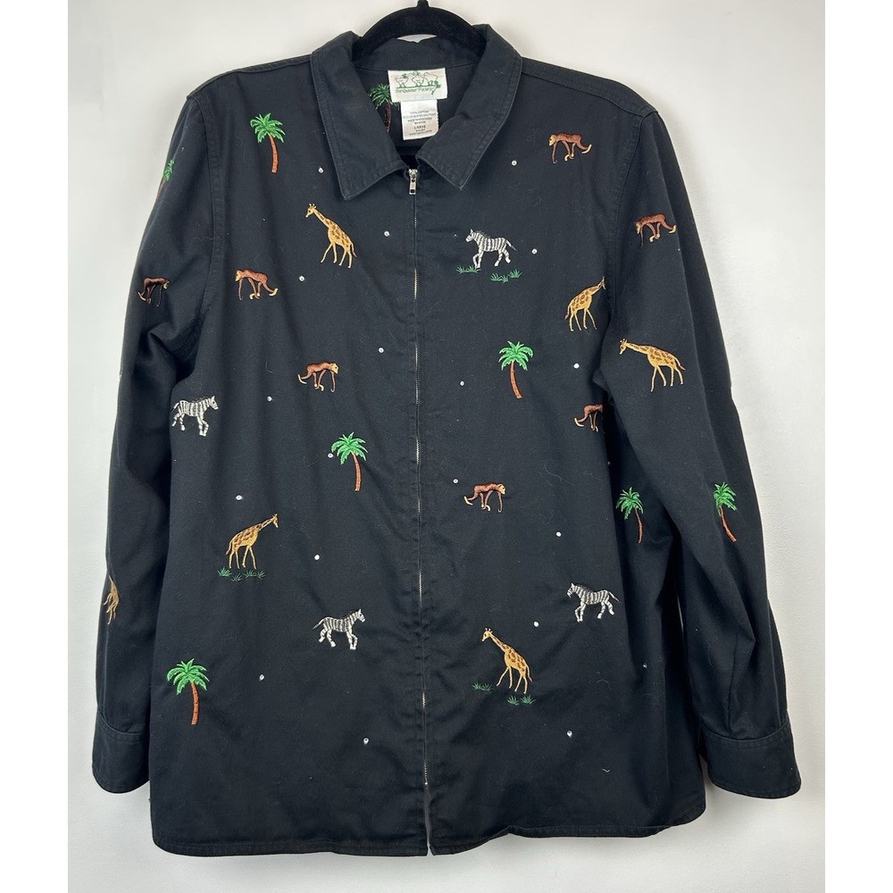 Vintage Quacker Factory Jungle Jacket Womens Large Black Denim Embroidered 90s